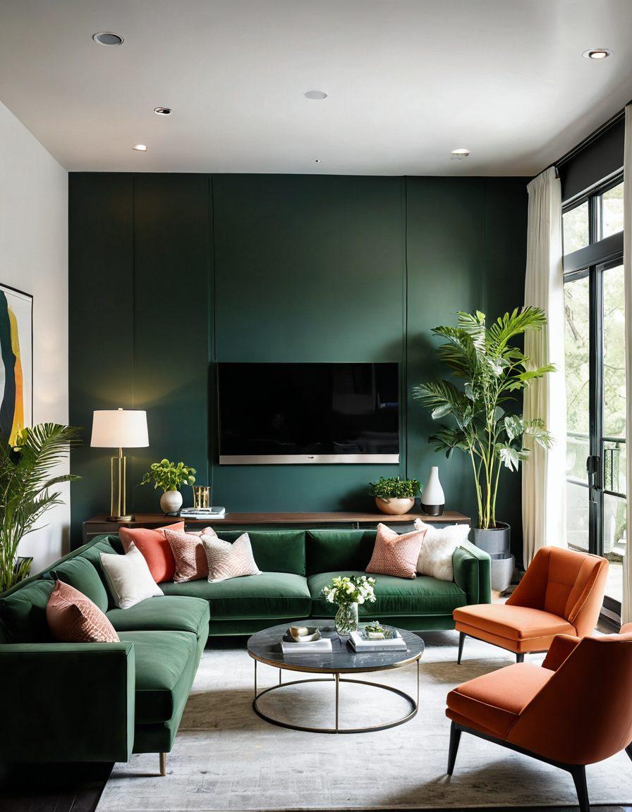 A sophisticated living space featuring custom-tailored furniture that merges style with functionality, showcasing intelligent design elements like smart lighting and modular pieces. The room is filled with lush greenery and modern decor, emphasizing elegance and comfort. Utilize a harmonious color palette with warm tones to create an inviting atmosphere. super-realistic. vibrant colors. contemporary style.