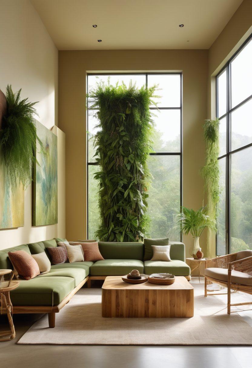 A modern living room featuring eco-friendly innovations like bamboo furniture, a vertical garden, and energy-efficient lighting. Incorporate stylish decorations such as recycled art pieces and soft, natural fabrics. The space should be bright and inviting, with large windows showcasing a green outdoor view. Include neutral and earthy color palettes to enhance the eco-conscious aesthetic. super-realistic. vibrant colors. 3D.